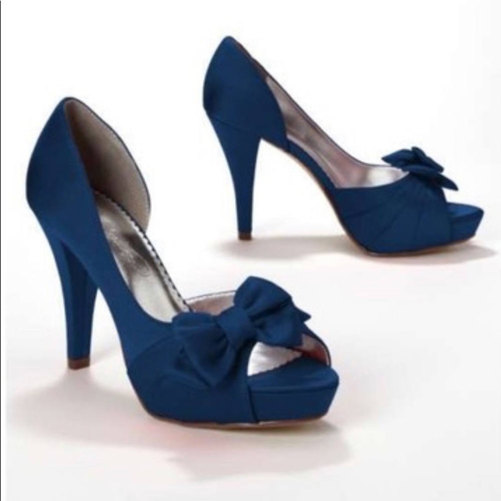Michelangelo Maribelle Davids Bridal Navy Blue Satin Bow Heels Stiletto Platform